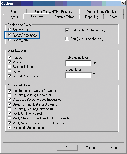 Highlighting 'Show Description' in 'Database' tab within Crystal Reports UI