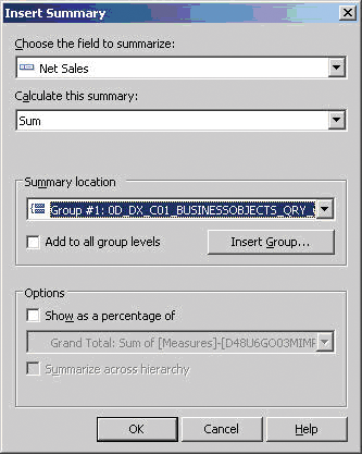 A modal that allows you to insert the summary in Crystal Reports