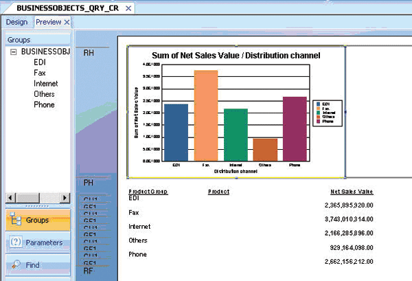 Preview mode in SAP Crystal Reports displaying a report with more data in it