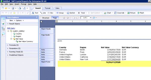 A screenshot of the end result after setting up data connections SAP Crystal Reports 4.0 Enterprise