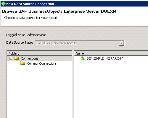 Selecting the data connection you created in the Crystal Reports user interface