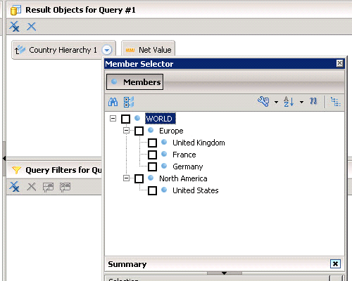 Finding the Member Selector, which allows you to select the nodes and leafs that you want to be part of your report