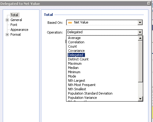 Operation dropdown menu in Crystal Reports UI showing the details for the group total and to overwrite the default setting