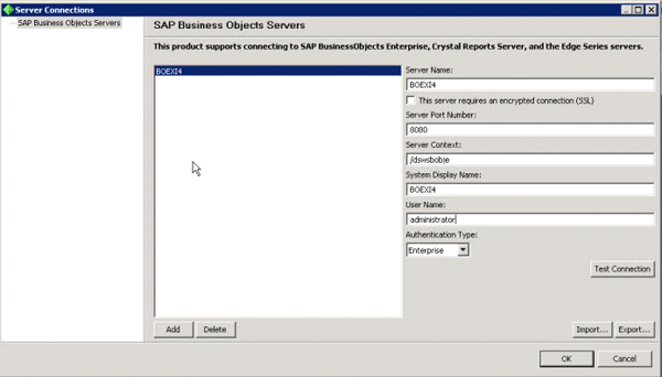 SAP BusinessObjects server configuration dialog you will see when setting up SAP Crystal Reports 4.0 the first time