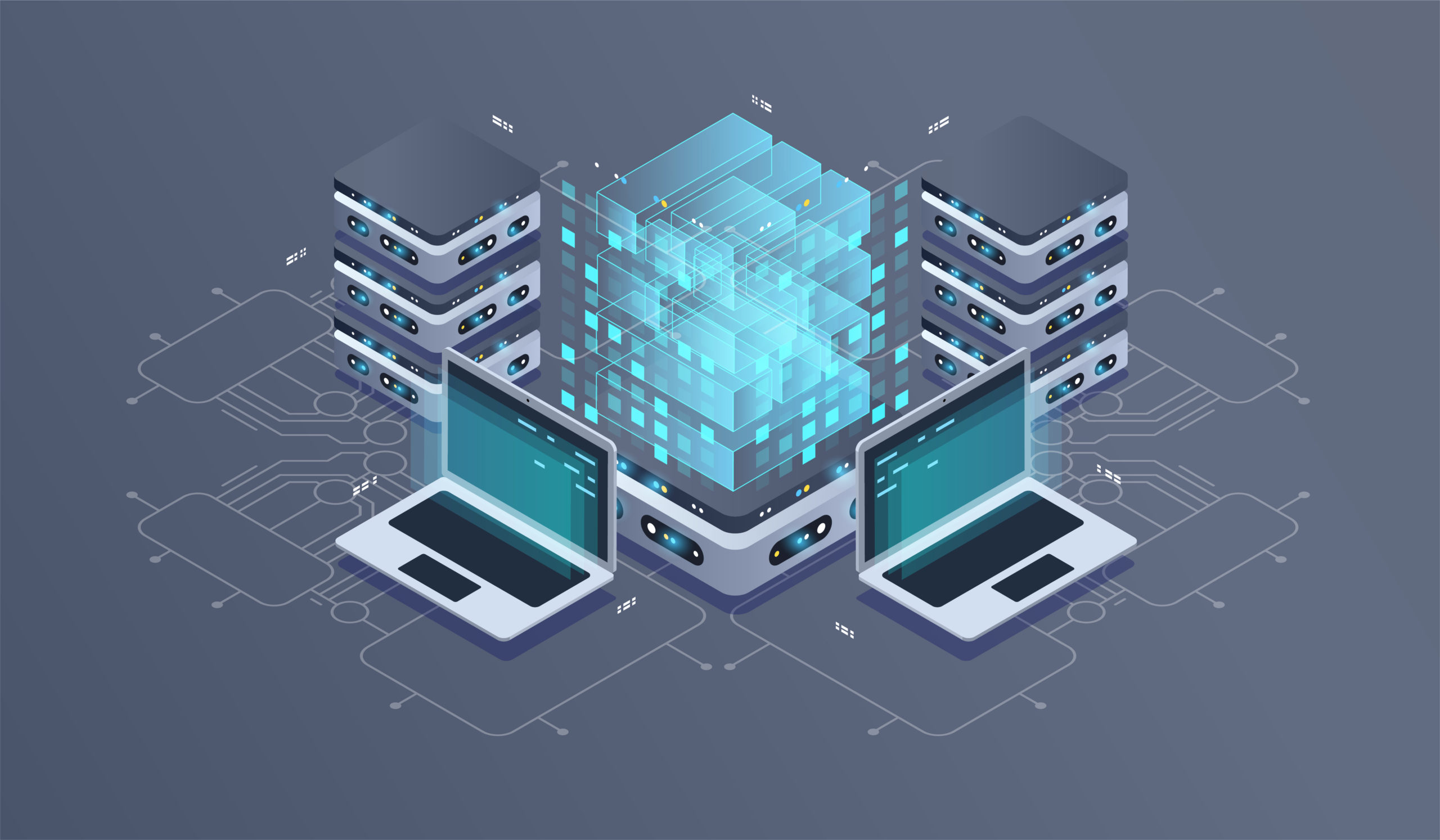 Technology isometric infographic design for quantum computer. Blockchain server concept, server room, database, information storage. Creative isometric concept image