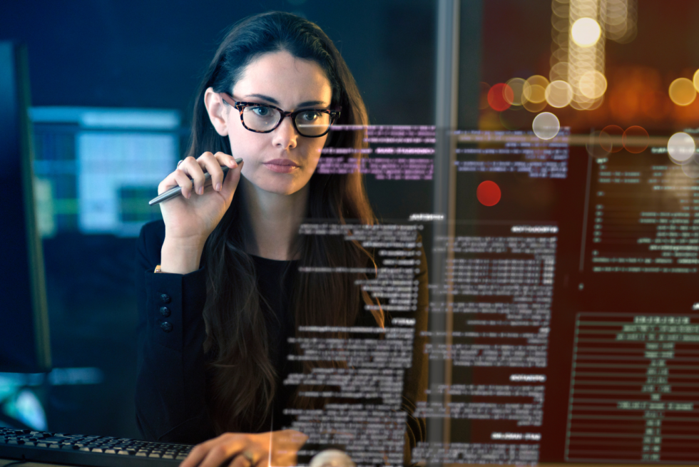 woman reading screen text