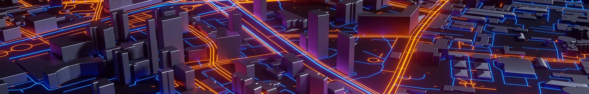 Techno panorama/landscape of an urban and modern city with light trails of orange and purple colours on highways