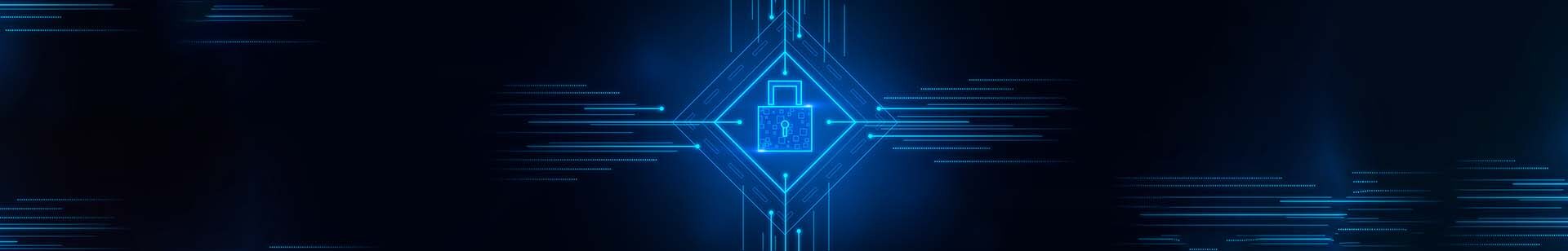 Glowing lock interface on blue background. Digital security and protection concept. 3D Rendering