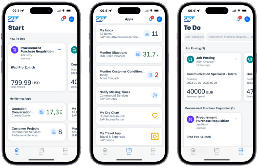 SAP Application - Main three screens of SAP Mobile Start