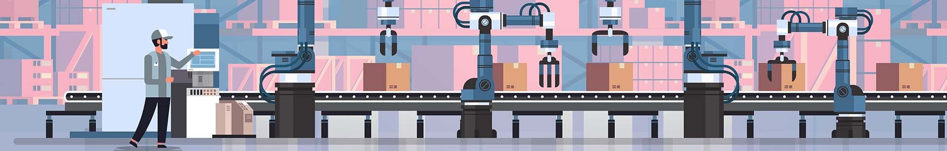 an illustration of an engineer controlling conveyor belt line through robotic hands in a factory. automation production in the manufacturing process