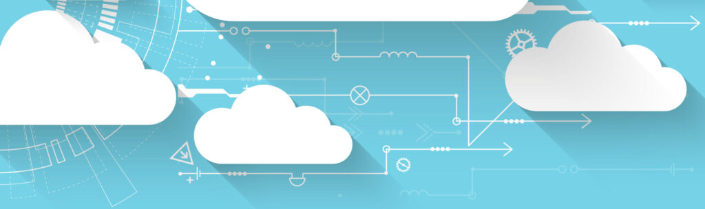 Digital clouds on a blue background. Boomi AWS Thru Inc.