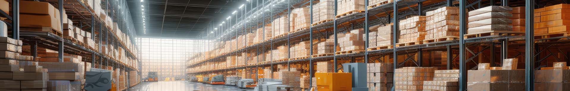 The logistics warehouse of the future. Bright large room with shelving