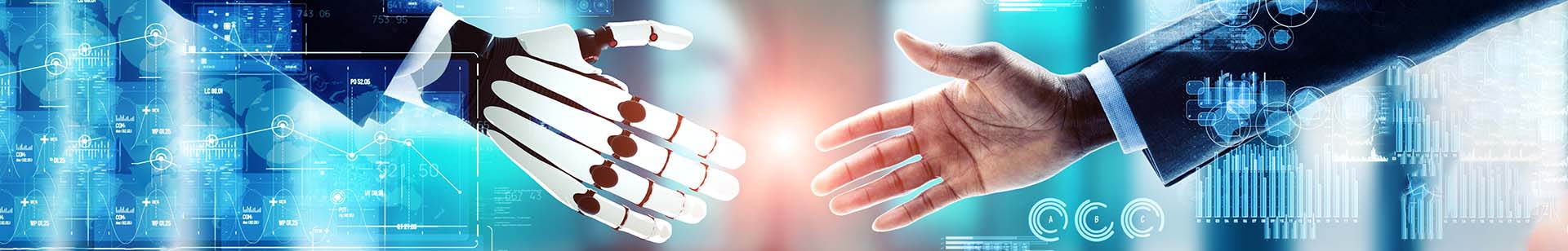 A human and a robot are reaching to shake hands in front of an orange light and light-blue background.