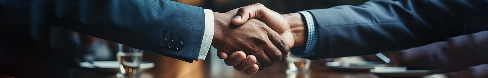 Businessmen in blue suits handshake for a deal in front of a dark background. AI Generated
