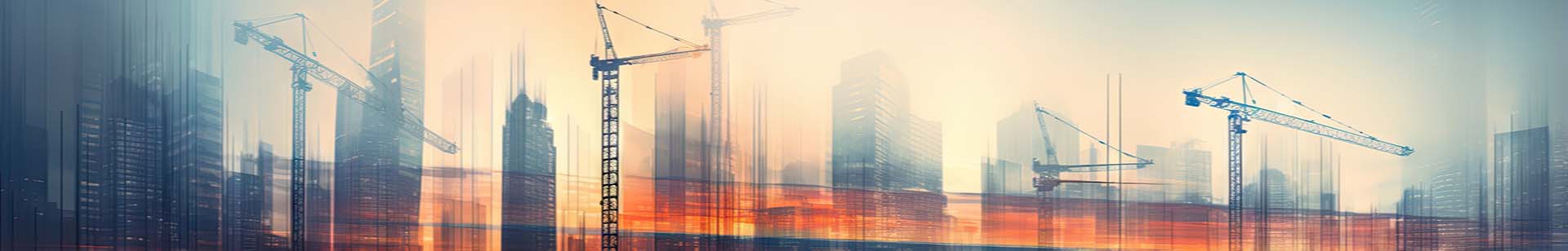 Bustling city with tall construction cranes, symbolizing urban renewal and progress. Blurred cityscape with multiple cranes.