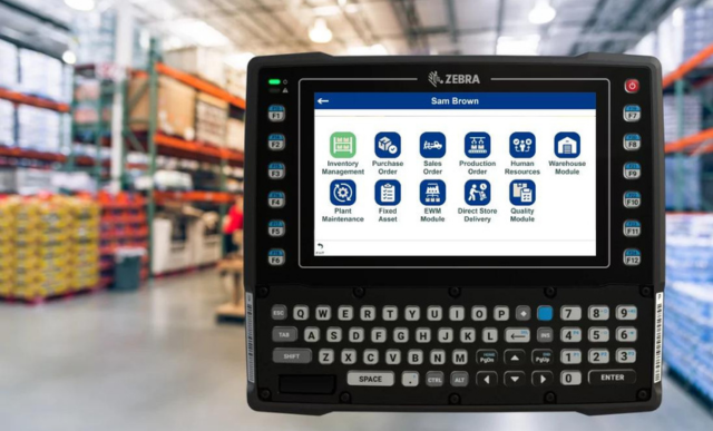 RFgen Mobile Edge for SAP, a black tablet device with a large screen and keyboard access | RFgen Software