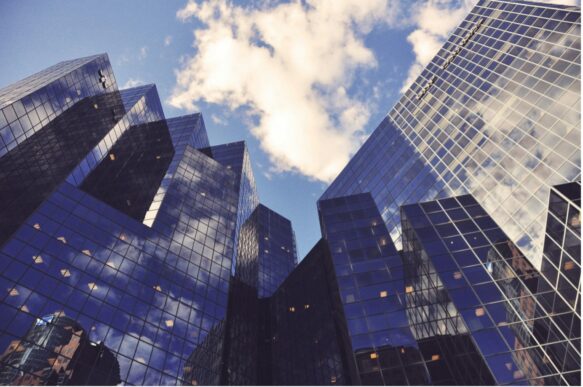 bottom photograph of skyscrapers; SAP workforce management concept