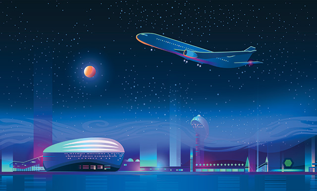 illustration of plane flying over a city at night