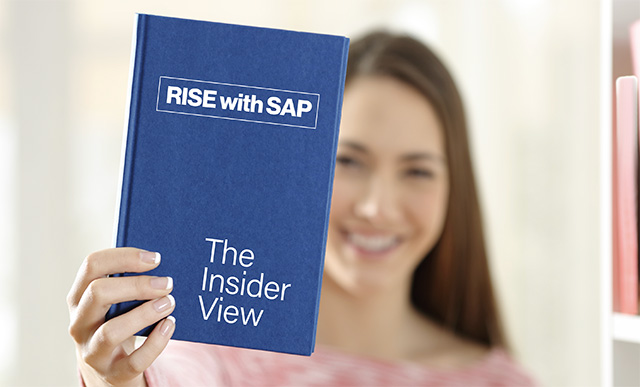 image of woman holding a blue book titled "RISE with SAP, The Insider View"