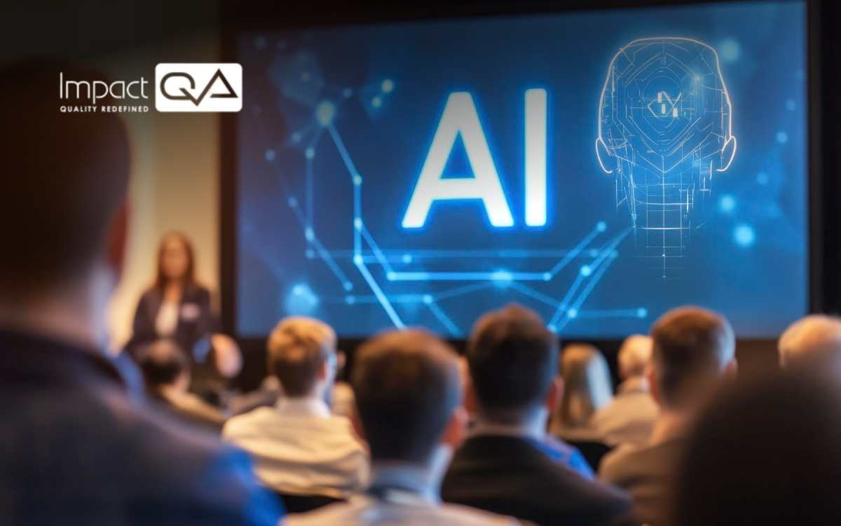 Image of ImpactQA NeX-AI being presented via a screen to a room of people.