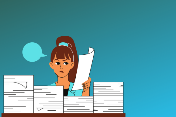 a graphic of a woman arranging paper documents on blue background