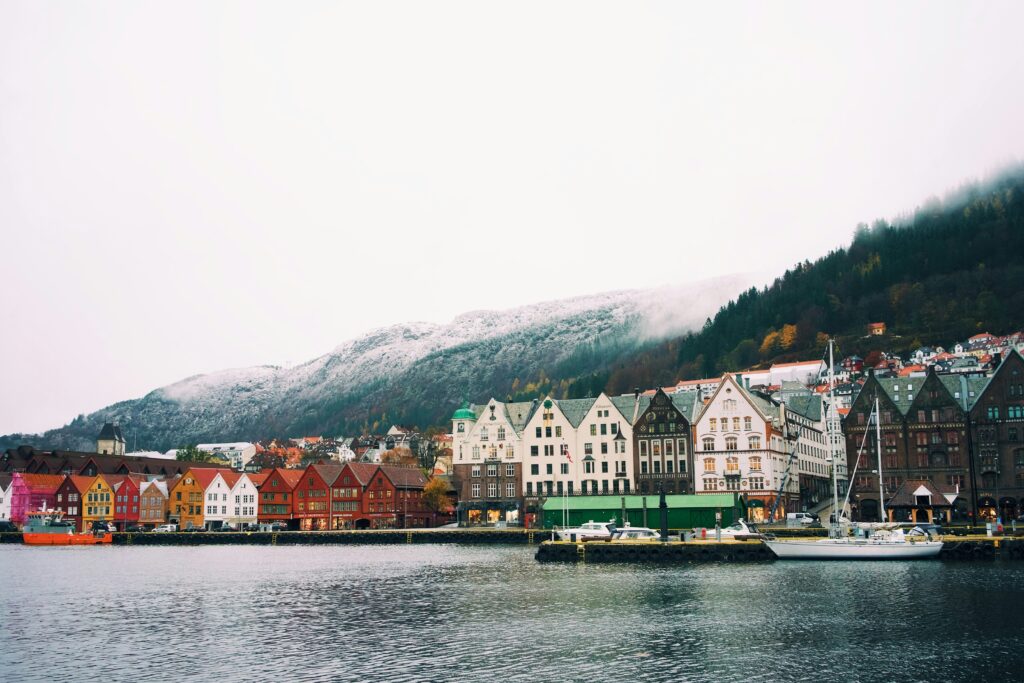 Norwegian houses by a river
