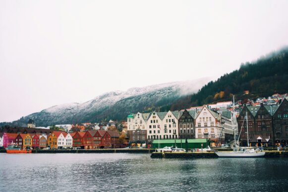 Norwegian houses by a river