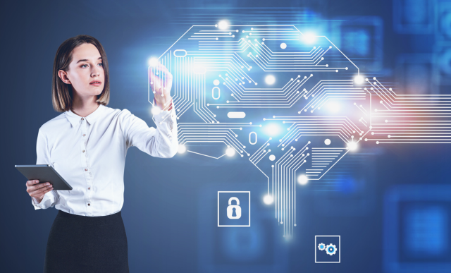 Woman with tablet working with AI brain