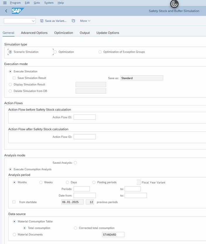 Image 1: Safety Stock and Buffer Simulation: General Tab (Part 1)