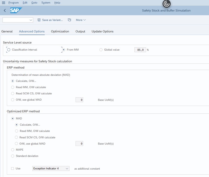 Image 3: Safety Stock and Buffer Simulation – Advanced Options Tab (Part 1)