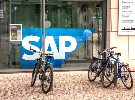 Bicycles parked in front of an SAP office place in Europe.