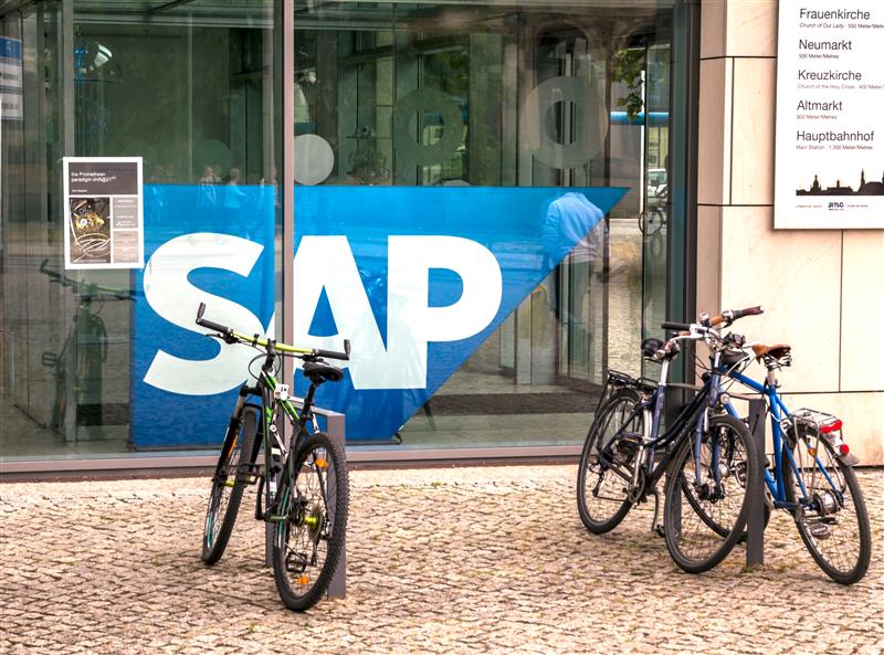 Bicycles parked in front of an SAP office place in Europe.