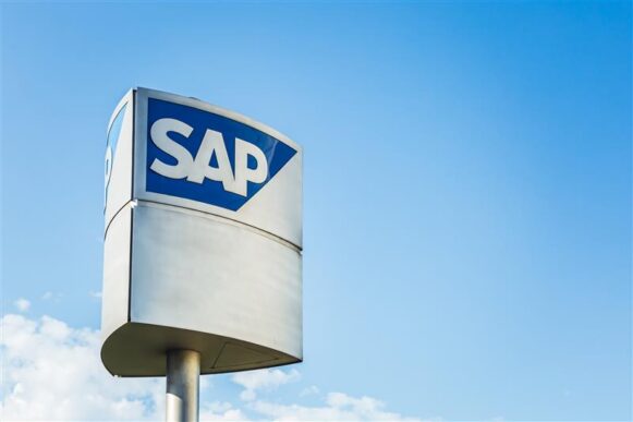 SAP sign in standing against a bright blue sky in Rot, Germany.