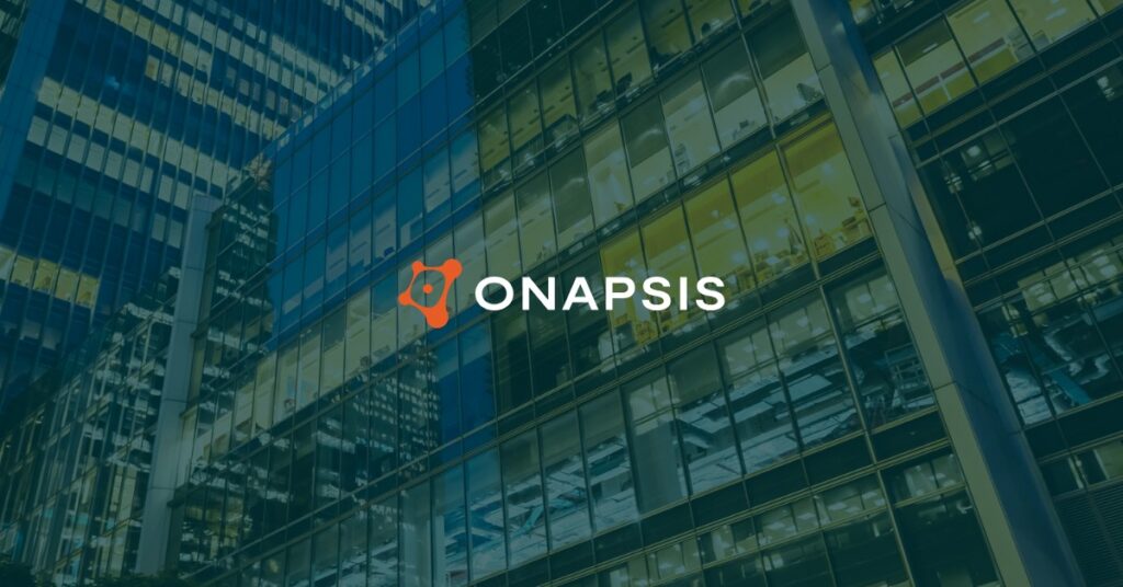 Onapsis logo over modern enterprise office building representing SAP security and cloud transformation.