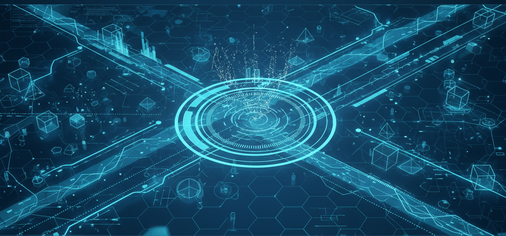 Abstract blue digital network graphic illustrating secure data connections and automated document workflows within a global supply chain running SAP S/4HANA.