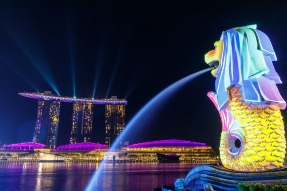 Lights shone on the Merlion as it overlooks Singapore's iconic Marina Bay Sands._SAP Labs AI talent program Singapore