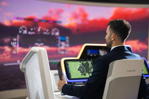 Demonstration of the "cockpit of the future" on the Thales stand with avionics solution using touch-screens HMI Credit-copyright Adrien Daste - Thales_SAP S3NS Thales sovereign cloud France
