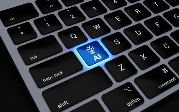 Close-up of a backlit laptop keyboard with a glowing blue AI key, representing artificial intelligence capabilities in SAP CX digital commerce and shopping agent technology