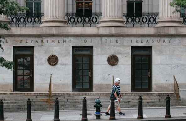 U.S. Department of the Treasury building in Washington, D.C., representing financial system oversight amid rising AI cyber risk concerns.
