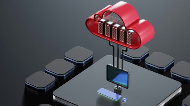 A 3D isometric illustration of red cloud servers connected via data pipelines to a computer workstation, representing the migration of legacy SAP landscapes to a standardized SAP Cloud Integration framework