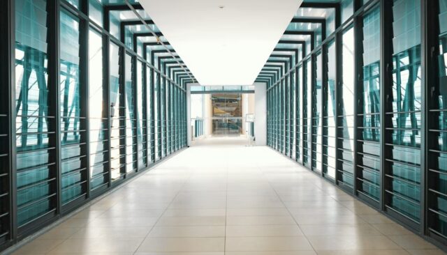 nterprise corridor representing SAP finance architecture and system infrastructure transition.