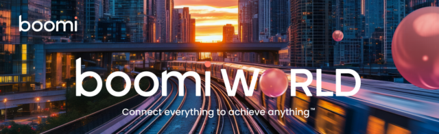 A promotional banner for the Boomi World conference held May 11-14, 2026, featuring the text "Connect everything to achieve anything" overlaid on a vibrant city skyline and train tracks at sunset.