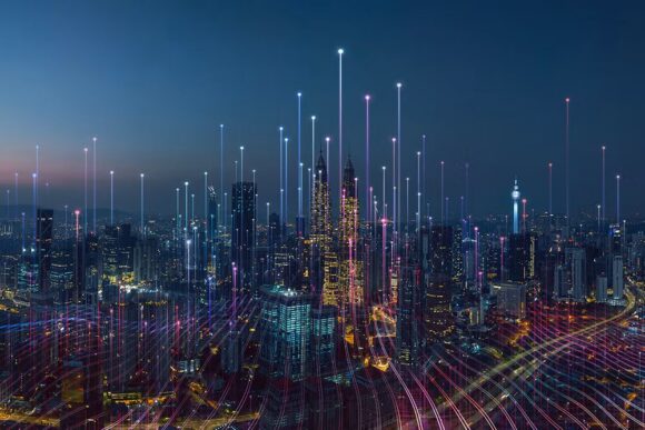 Glowing digital data streams rising above a modern cityscape at night, illustrating enterprise AI connectivity and a semantic data layer.