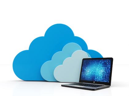 A laptop displaying a digital security padlock in front of blue cloud graphics, representing secure enterprise cloud storage and AI data governance.