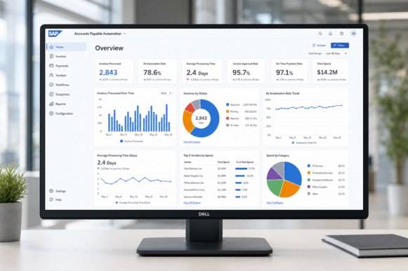 Dashboard displaying accounts payable automation metrics integrated with SAP S/4HANA Cloud ERP.