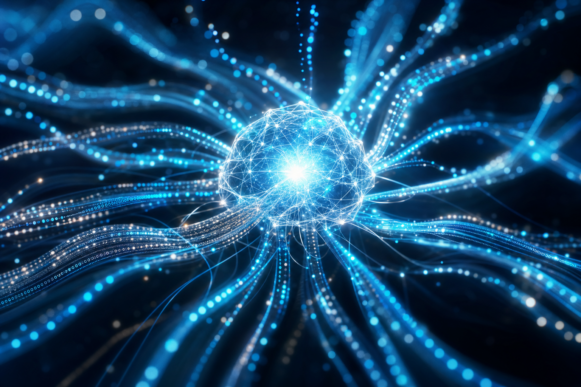 Abstract digital streams weaving into a glowing, self-healing core representing artificial intelligence integration within a modern enterprise network.