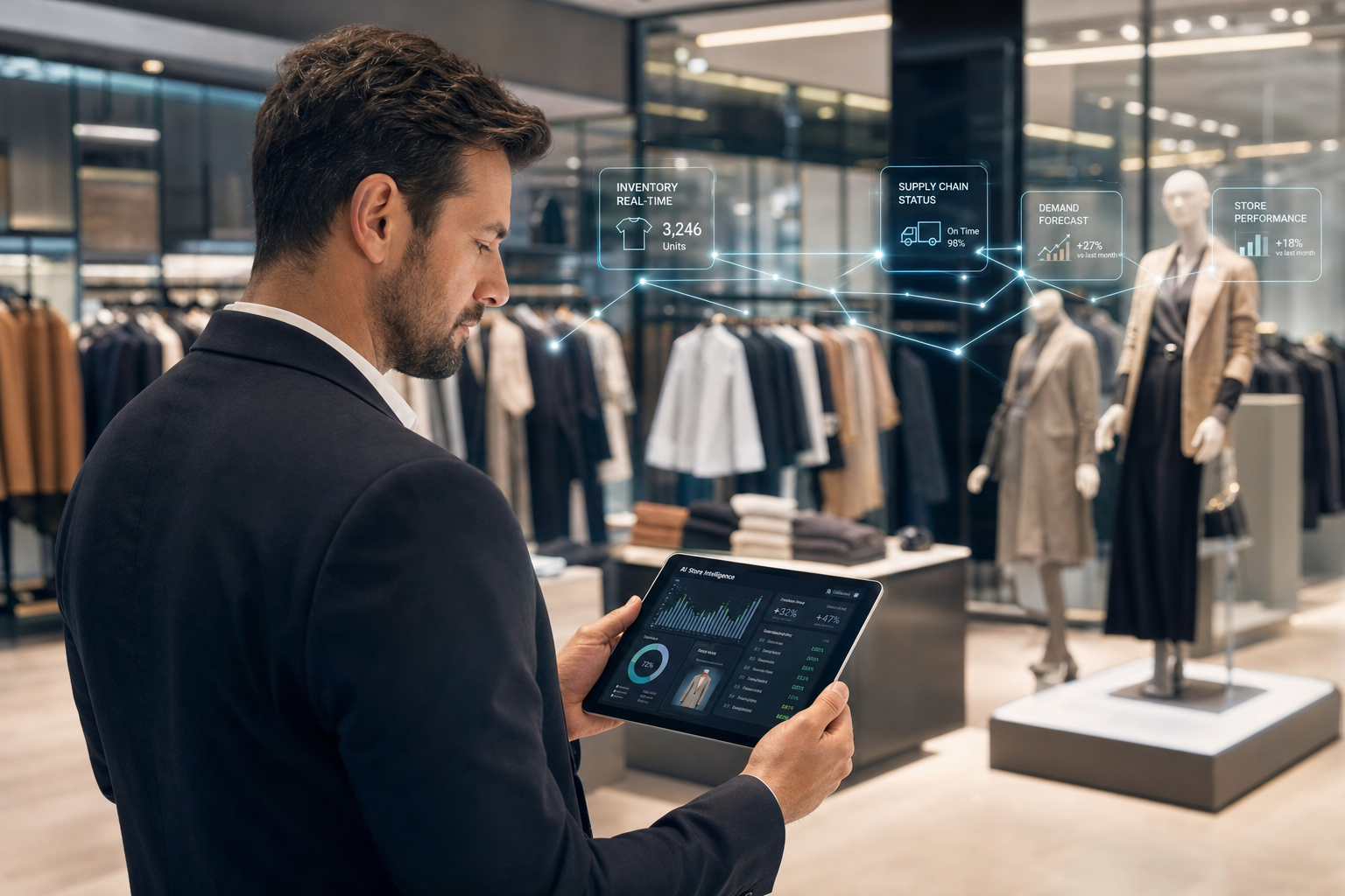 Retail executive analyzing real-time AI supply chain metrics and demand forecasts on a tablet interface inside a modern clothing store.