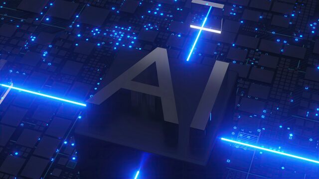 3D rendering of a computer microchip featuring a large AI logo illuminated by glowing blue data streams representing enterprise artificial intelligence.