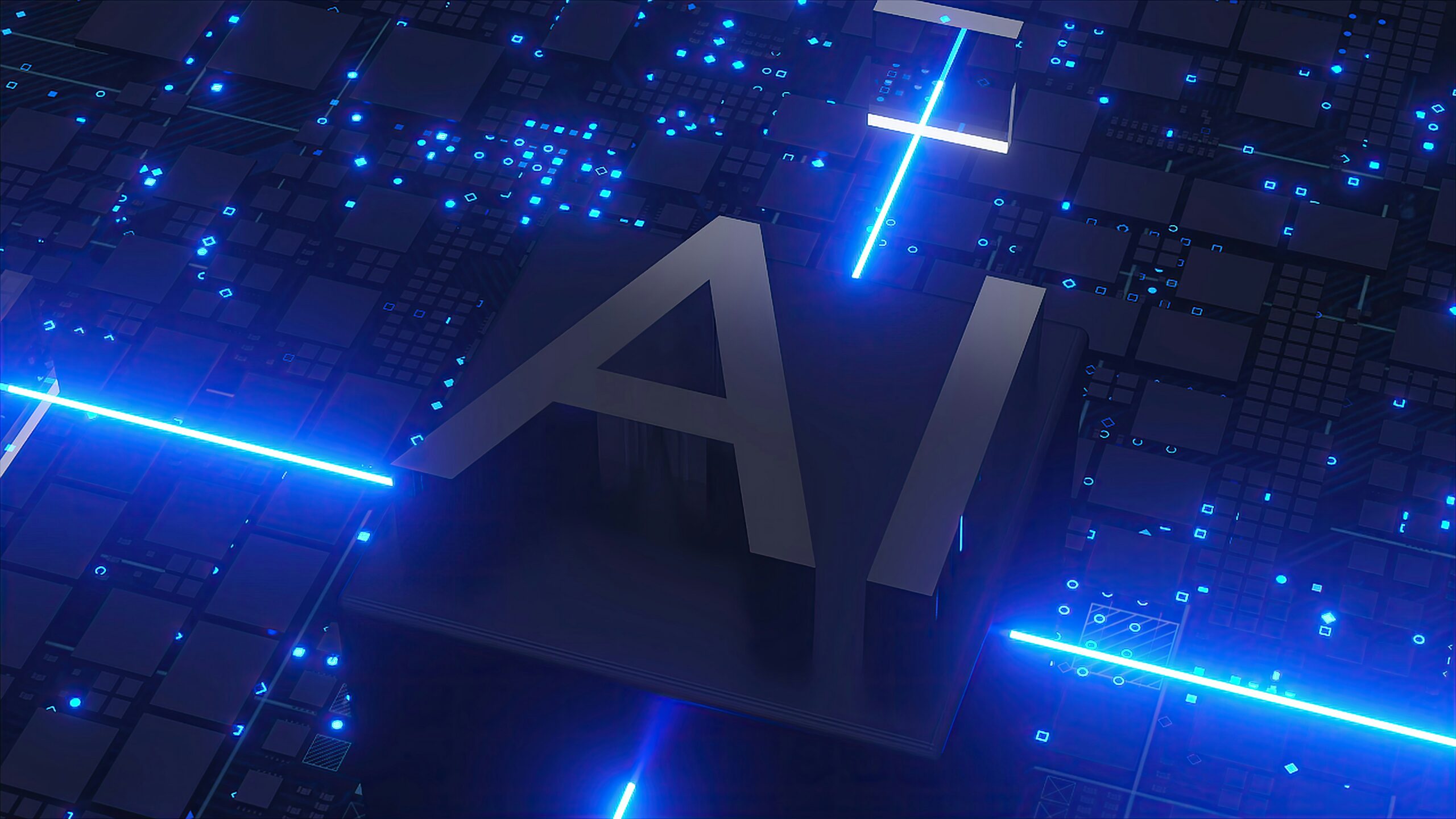 3D rendering of a computer microchip featuring a large AI logo illuminated by glowing blue data streams representing enterprise artificial intelligence.
