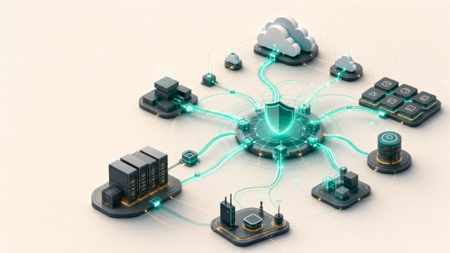 A 3D conceptual diagram illustrating a secure, centralized cloud integration platform connecting various servers, databases, and network devices across a hybrid multicloud SAP environment.
